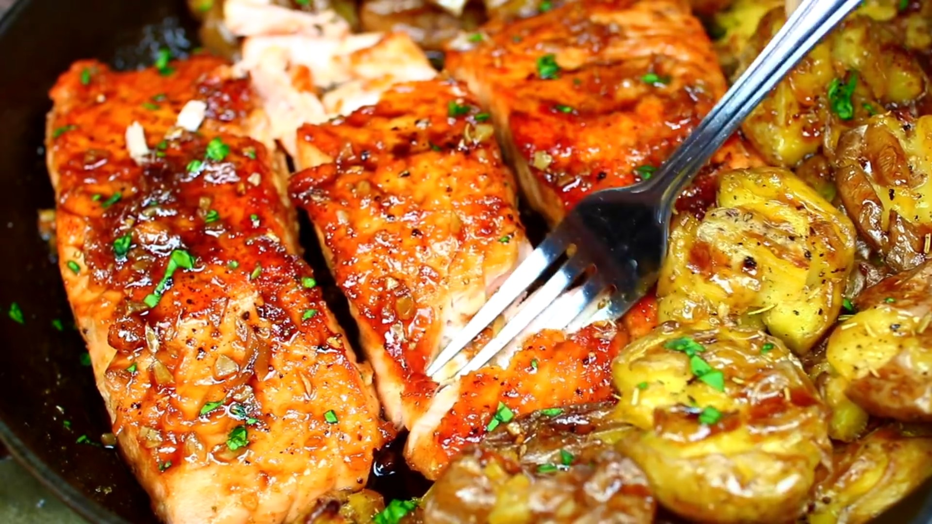 Easy Skillet Honey Garlic Salmon and Smashed Potatoes